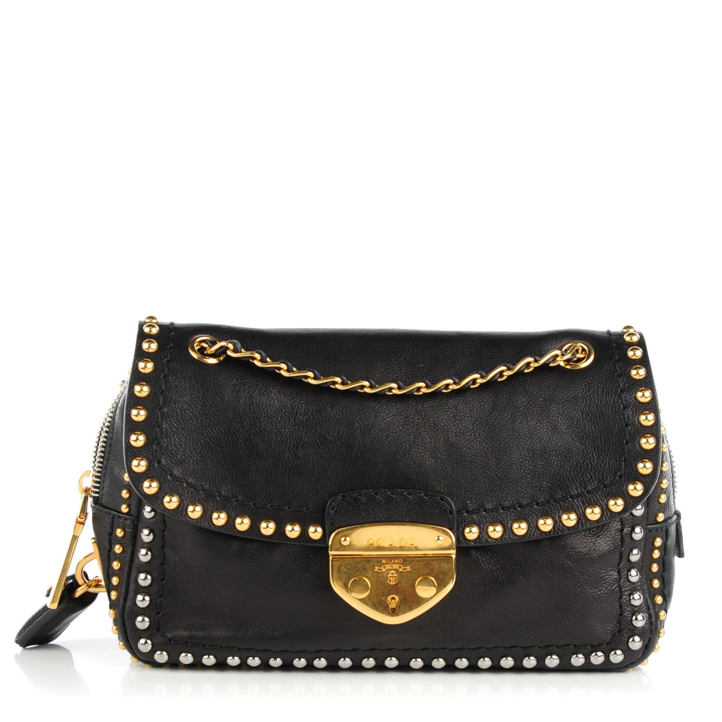 Glace Calf Studded Pushlock Chain Shoulder Bag Black