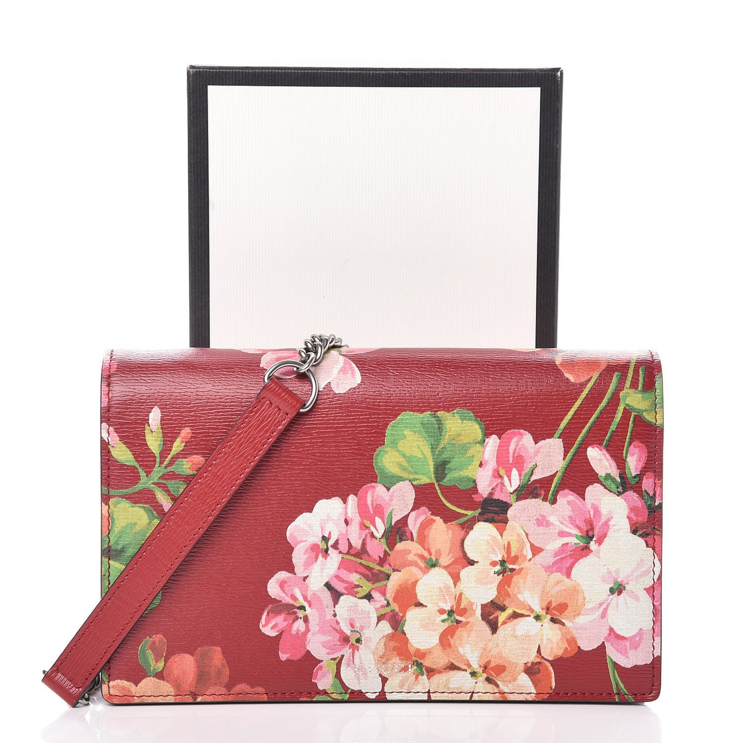 Calfskin Blooms Print Chain Wallet Romantic Cherry Multicolor