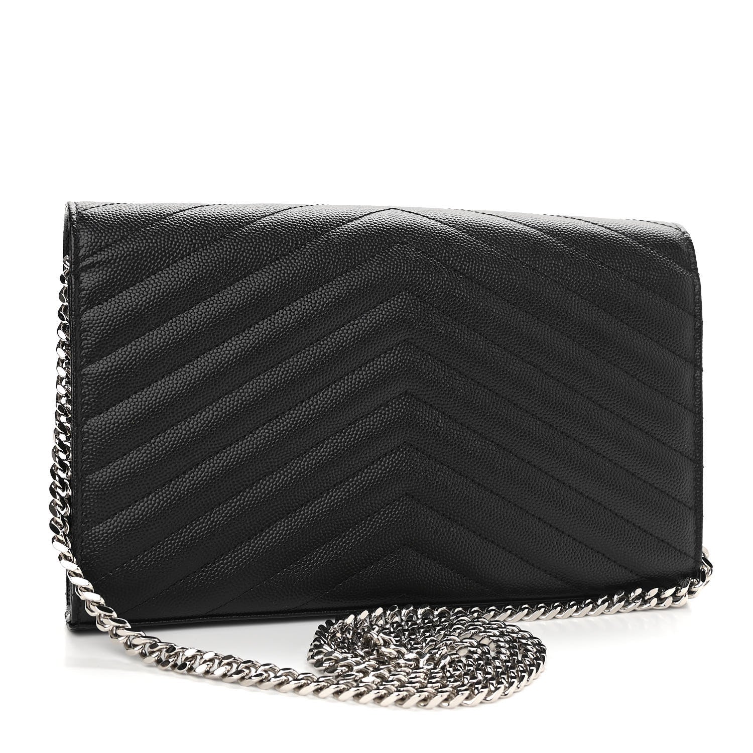Saint Laurent Grain De Poudre Matelasse Chevron Monogram Chain Wallet Black 2 of 10