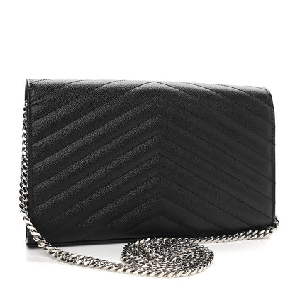 Saint Laurent Grain De Poudre Matelasse Chevron Monogram Chain Wallet Black 2 of 10