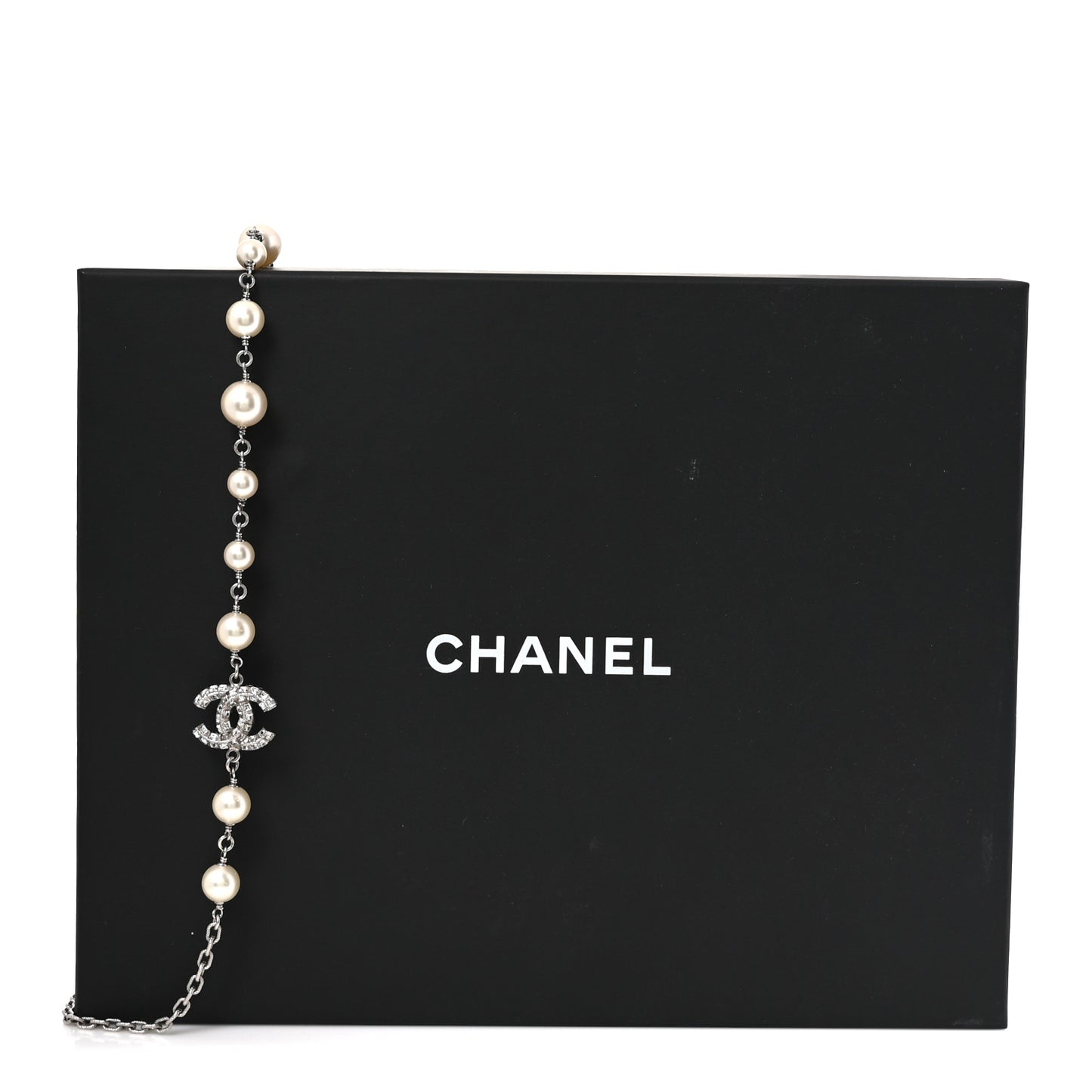 Graduated Pearl Crystal CC Long Necklace Silver