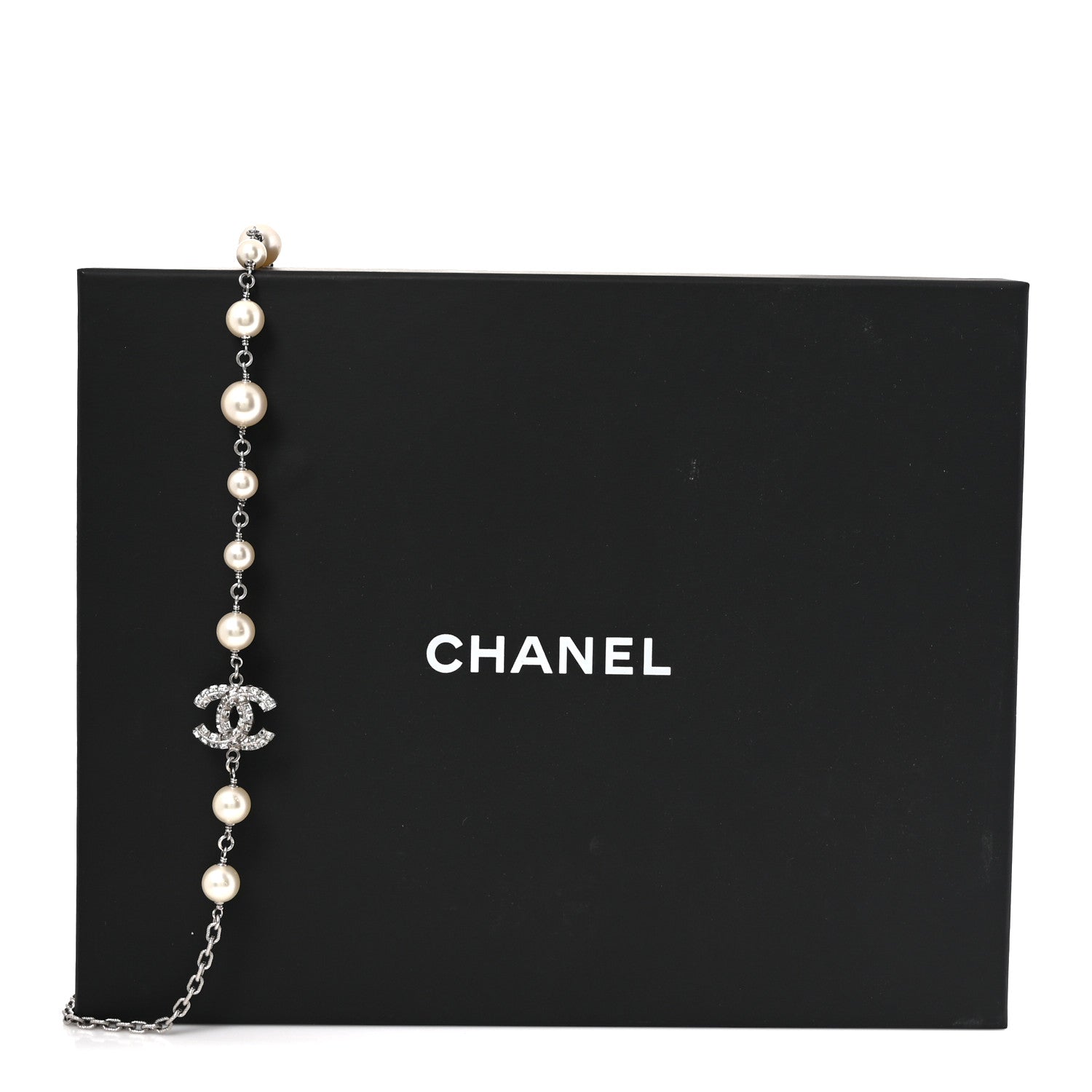 Chanel Graduated Pearl Crystal CC Long Necklace Silver 5 of 5