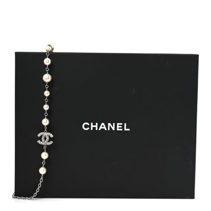 Chanel Graduated Pearl Crystal CC Long Necklace Silver 5 of 5