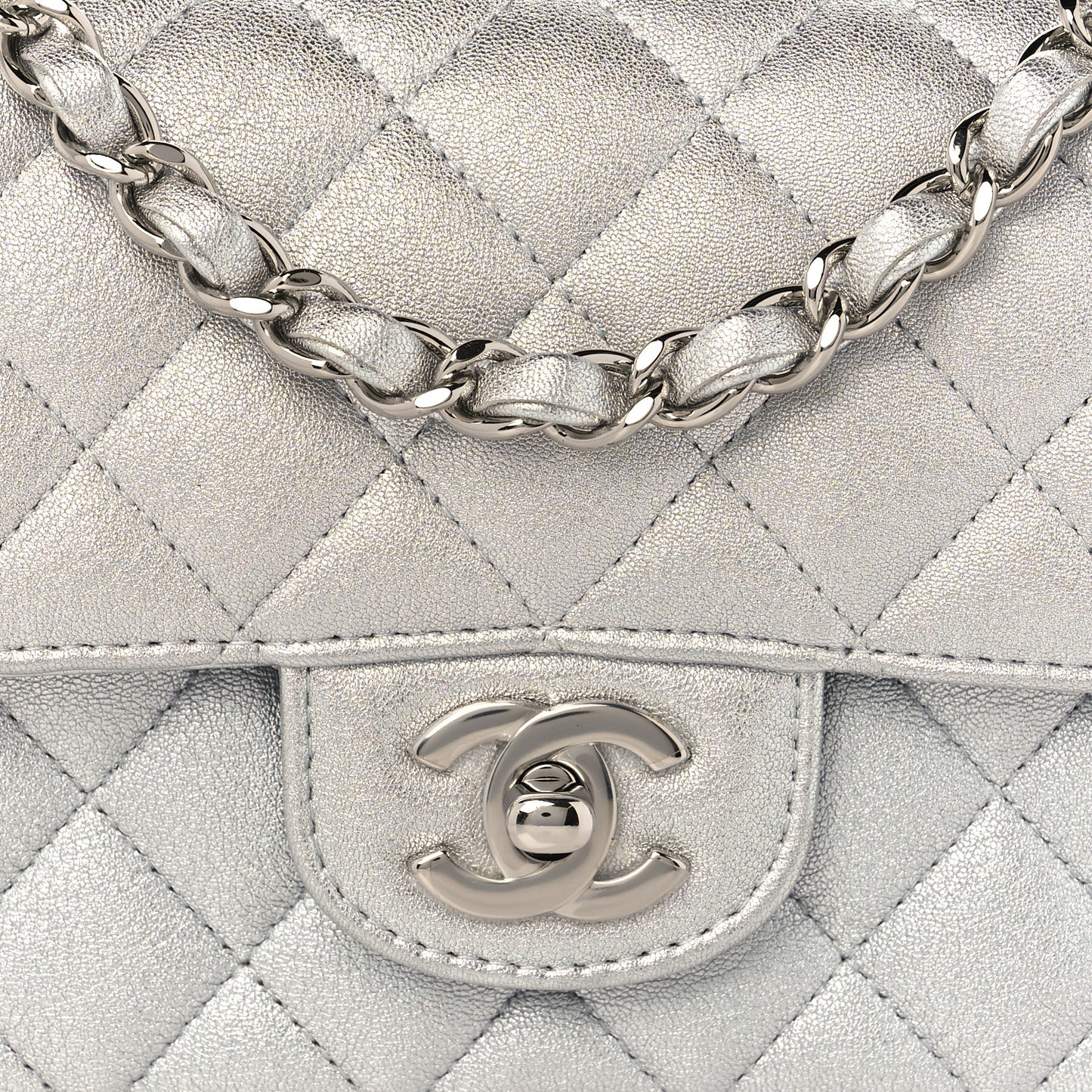 Metallic Lambskin Quilted Mini Rectangular Flap Silver