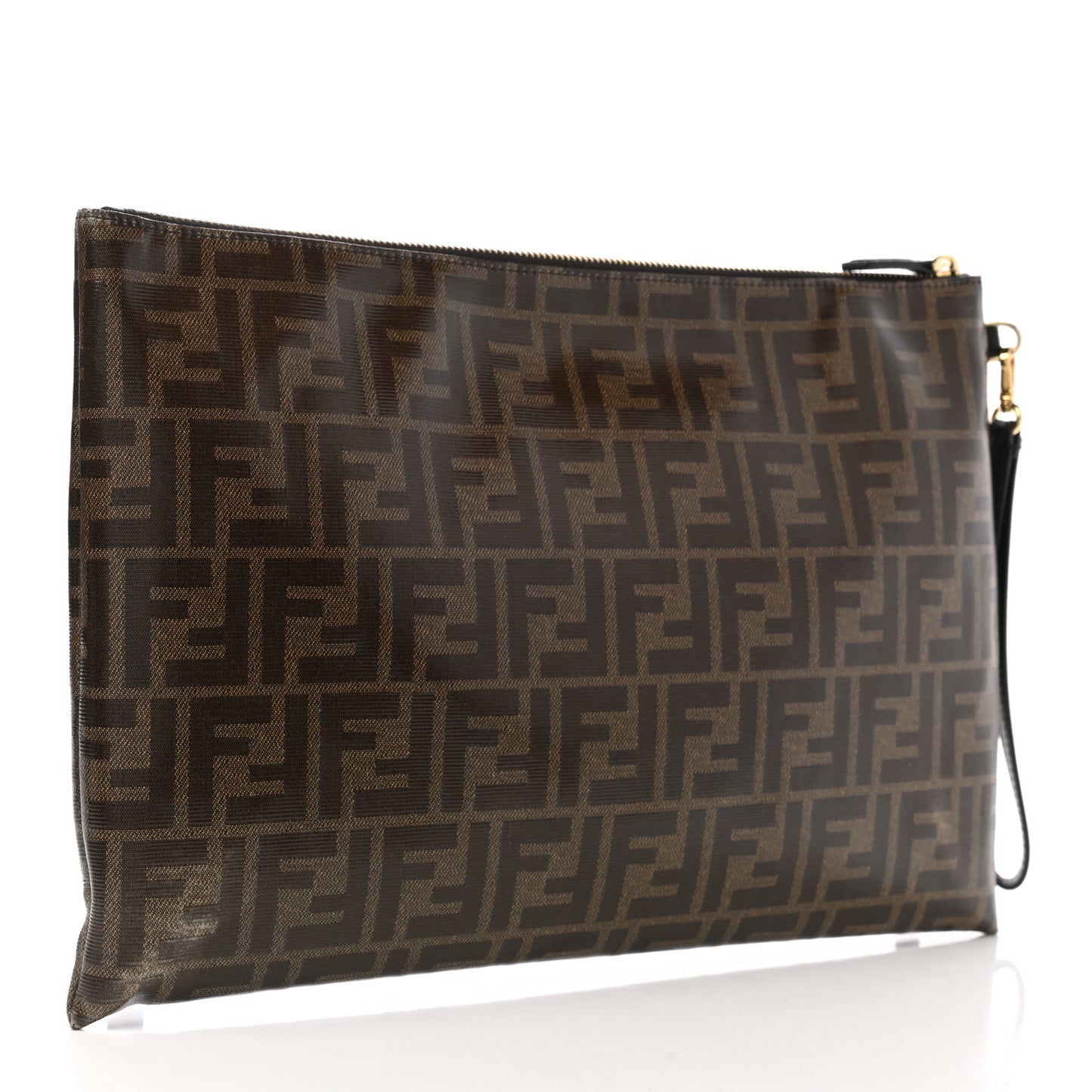 Glazed Fabric Vitello Century FF 1974 Stamp Patch Large Flat Pouch Mogano Panna Black