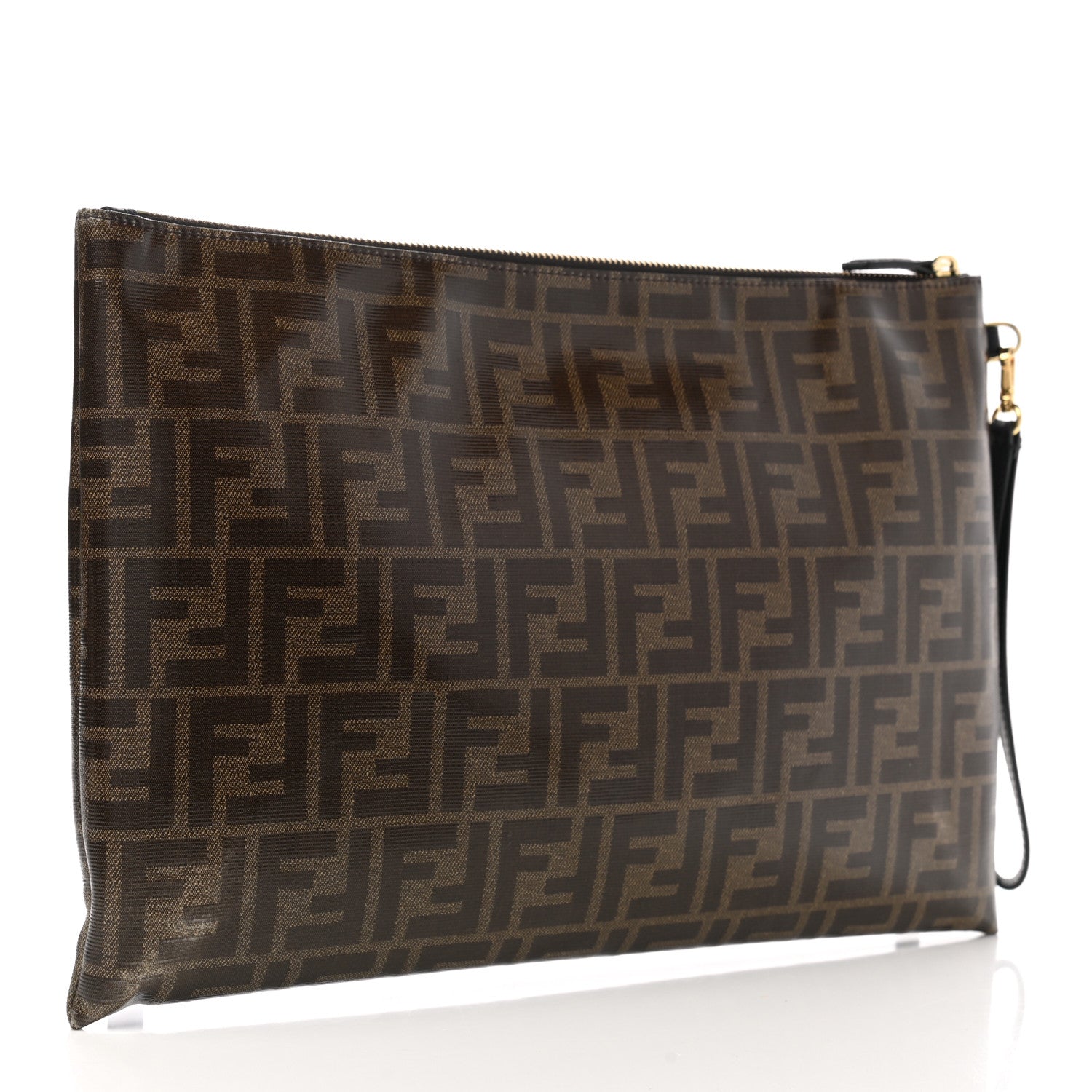 Fendi Glazed Fabric Vitello Century FF 1974 Stamp Patch Large Flat Pouch Mogano Panna Black 3 of 9