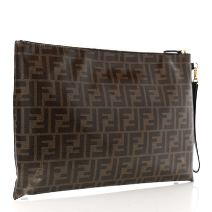 Fendi Glazed Fabric Vitello Century FF 1974 Stamp Patch Large Flat Pouch Mogano Panna Black 3 of 9
