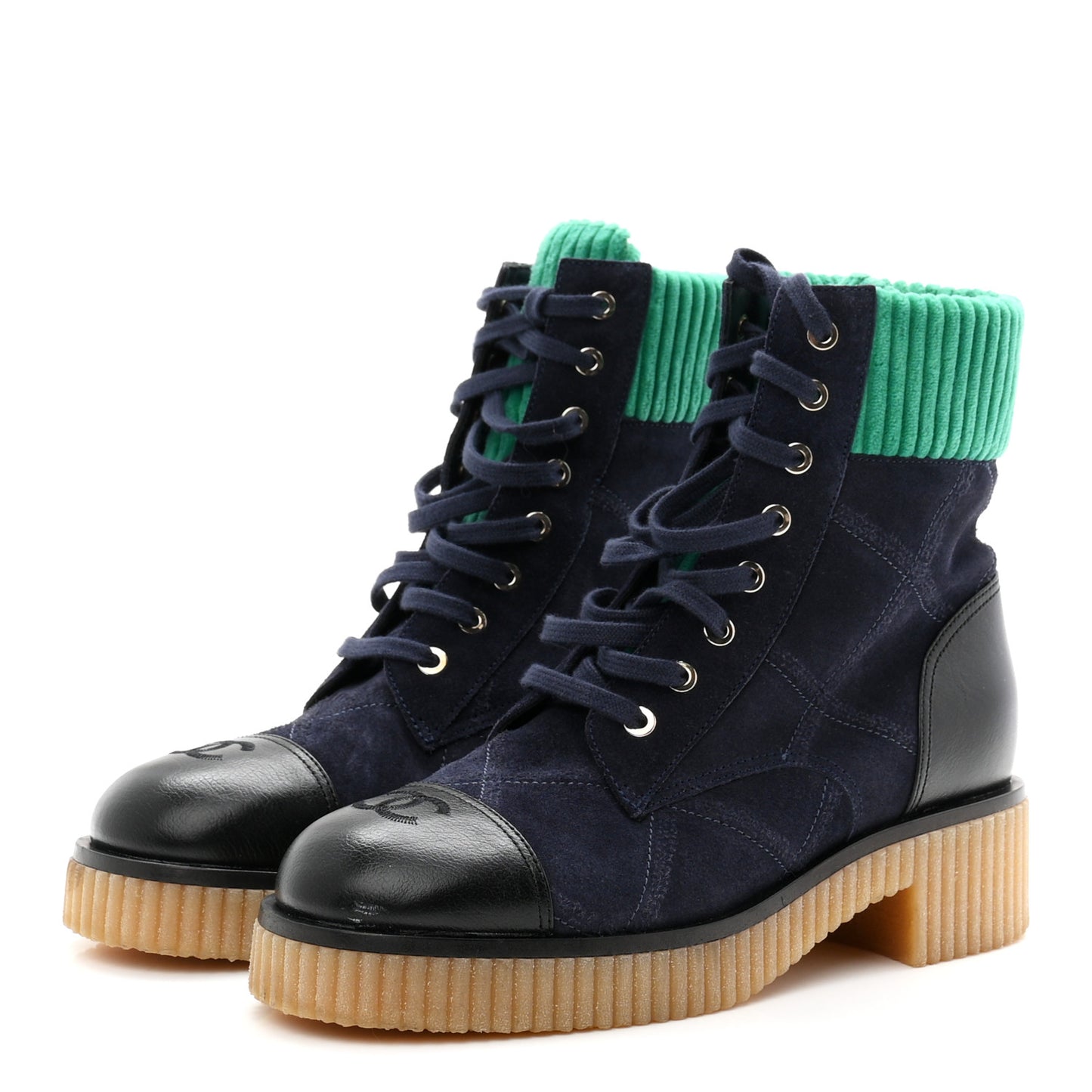 Suede Calfskin Velvet Quilted CC Combat Boots 39 Navy Green Black