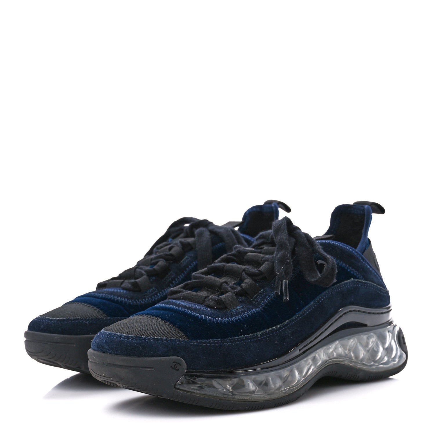 Chanel Suede Calfskin Velvet Grosgrain CC Sneakers 36 Navy Blue Black 3 of 8