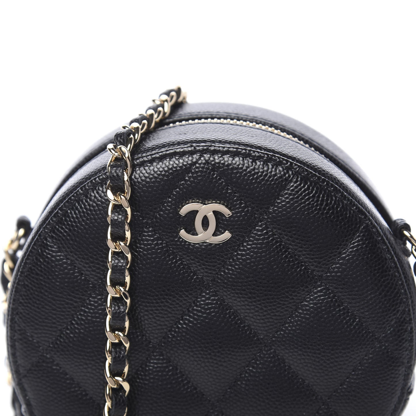 Caviar Quilted Round Clutch With Chain Black