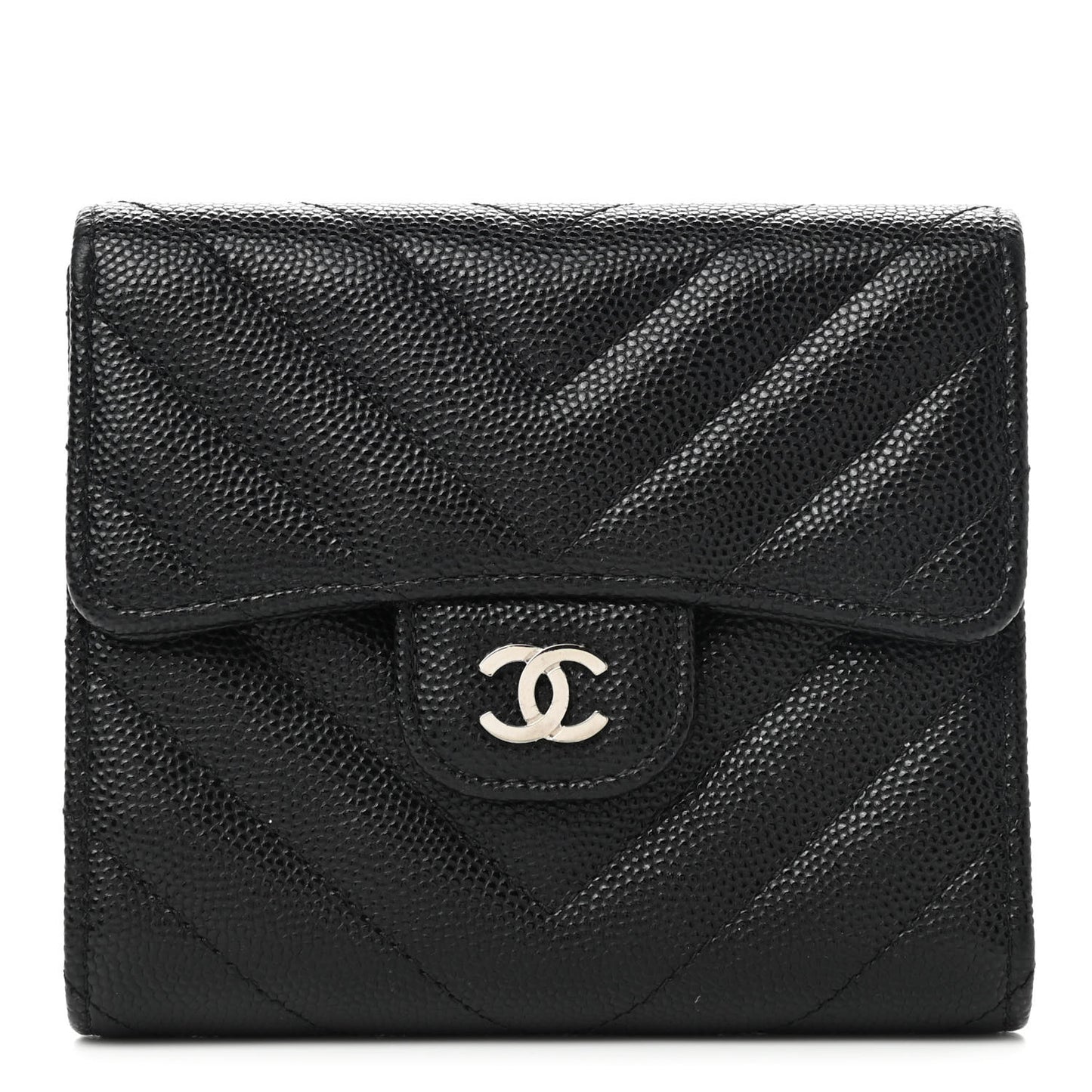Caviar Chevron Quilted Compact Flap Wallet Black