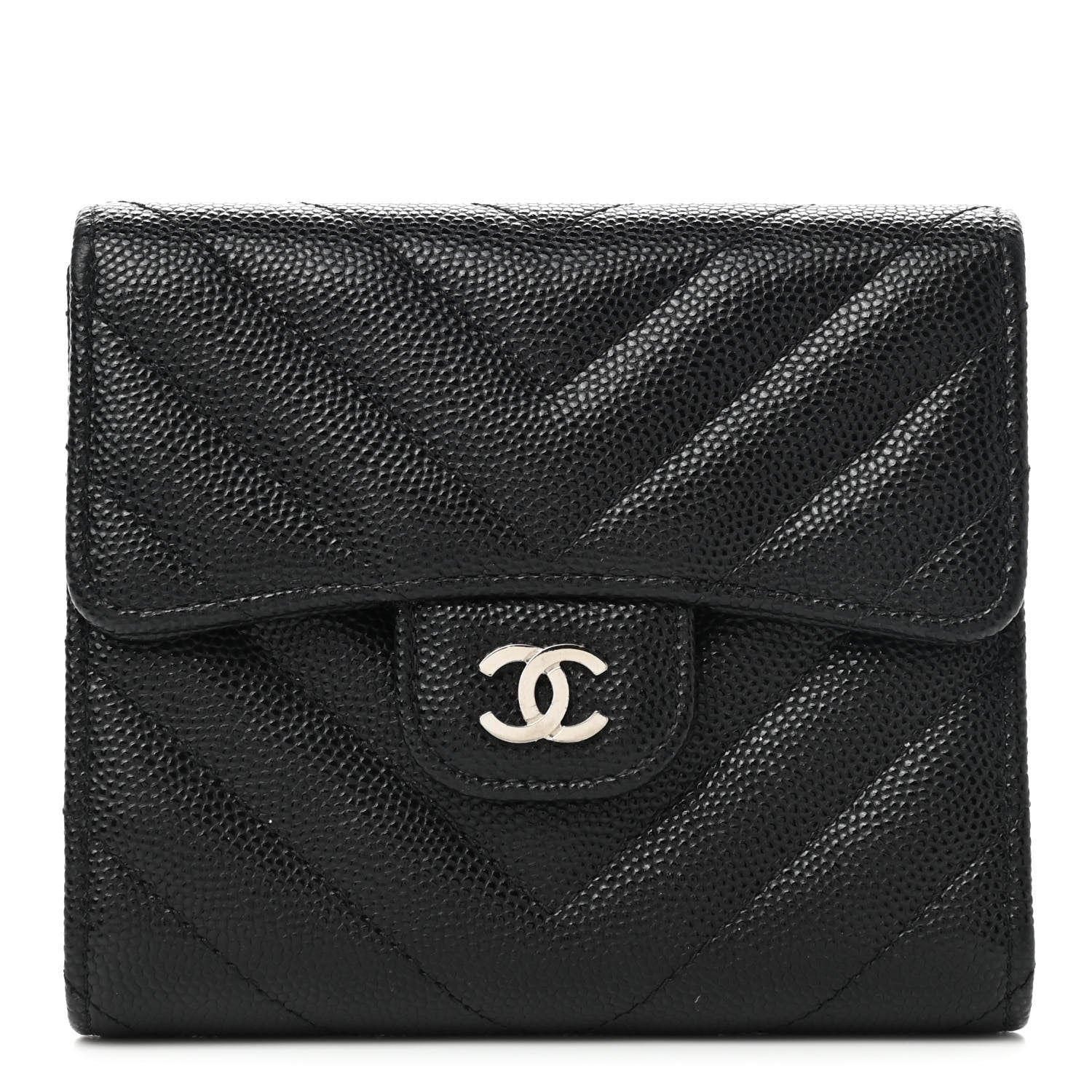 Chanel Caviar Chevron Quilted Compact Flap Wallet Black 1 of 9