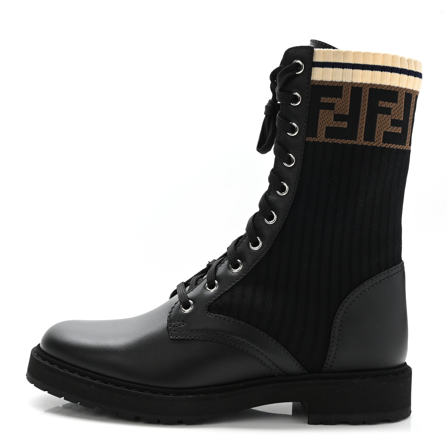 Fendi Calfskin Stretch Fabric Rockoko Biker Boots 37 Tobacco Black Marino 1 of 7