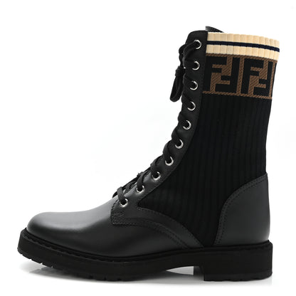 Fendi Calfskin Stretch Fabric Rockoko Biker Boots 37 Tobacco Black Marino 1 of 7