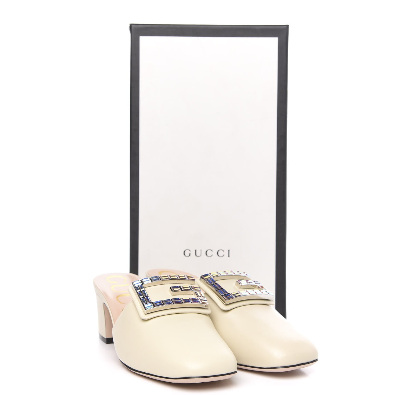Gucci Malaga Kid Crystal Square G Madelyn Mules 37.5 Vintage White 9 of 9