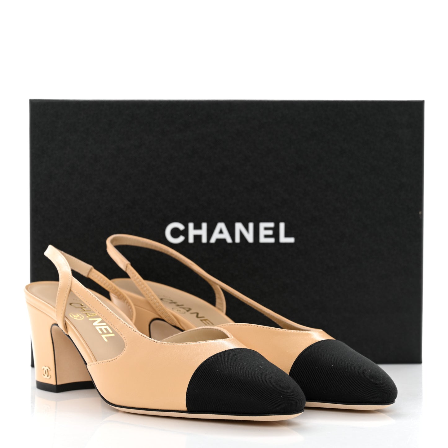Goatskin Grosgrain Cap Toe CC Slingback Pumps 38 Beige Black