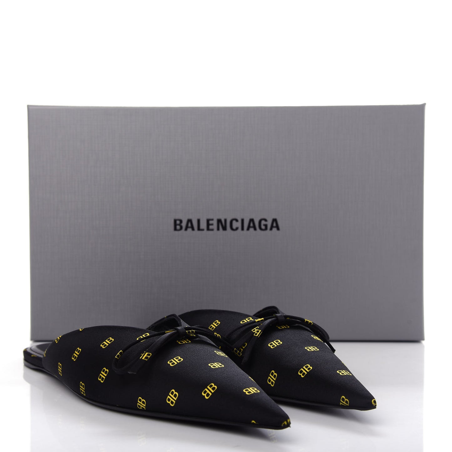 Crepe Satin BB Printed Pointy Toe Knife Flat Mules 39 Black Yellow Fluo
