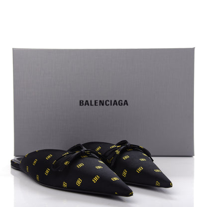 Balenciaga Crepe Satin BB Printed Pointy Toe Knife Flat Mules 39 Black Yellow Fluo 11 of 11