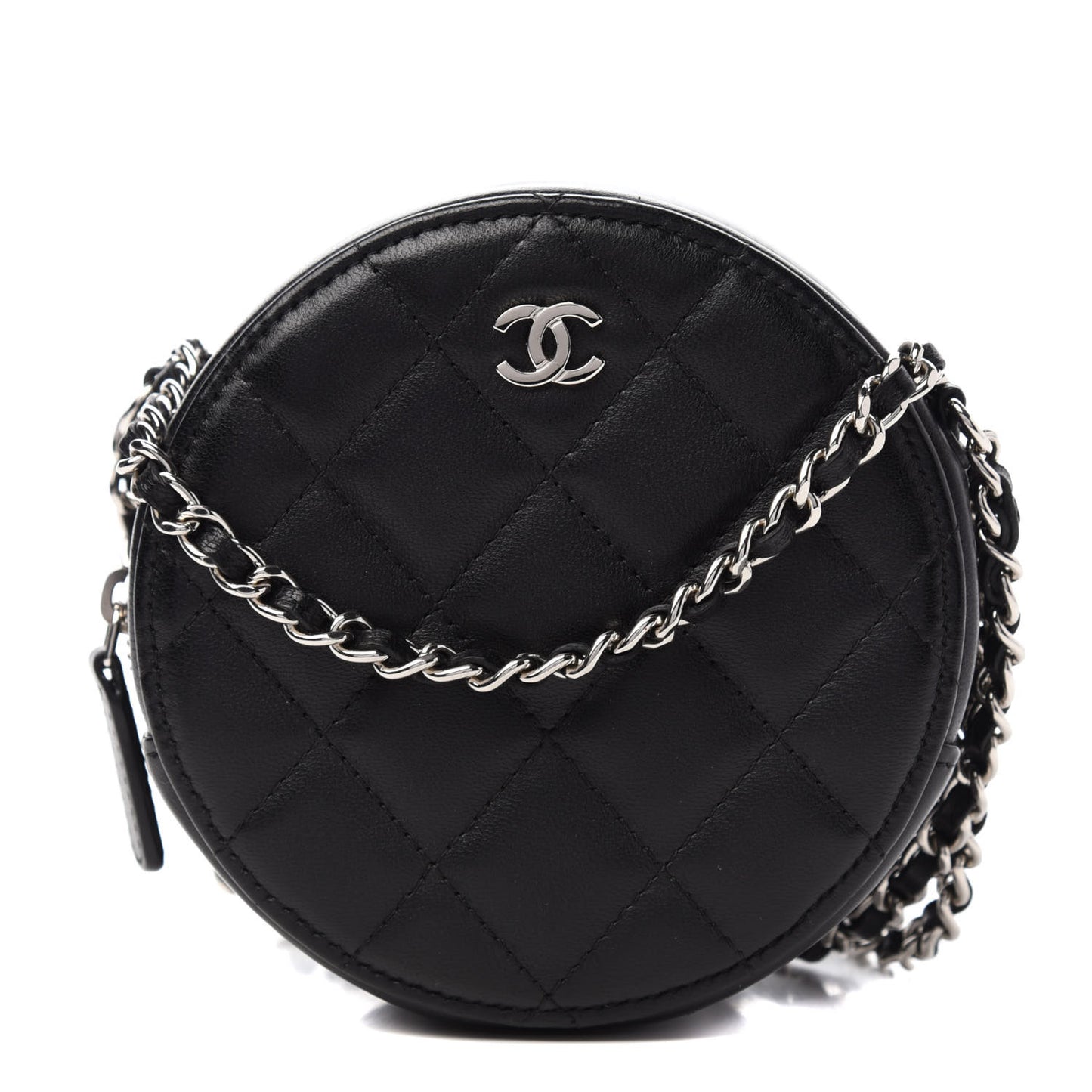 Lambskin Quilted Round Clutch With Chain Black