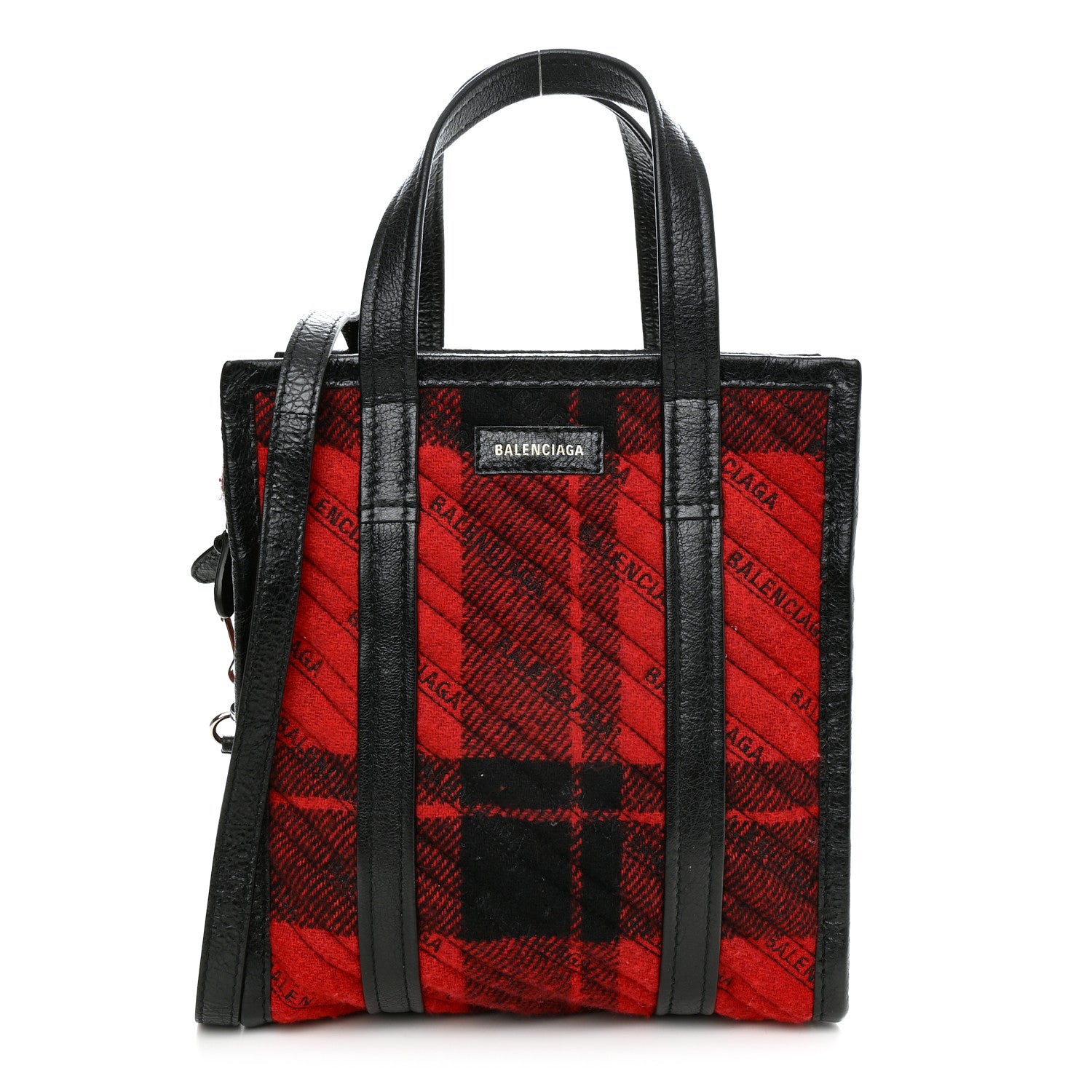 Balenciaga Wool Cuir Arena Plaid Diagonal Allover Logo Matelasse XS Bazar Shopper Tote Red Black 1 of 9