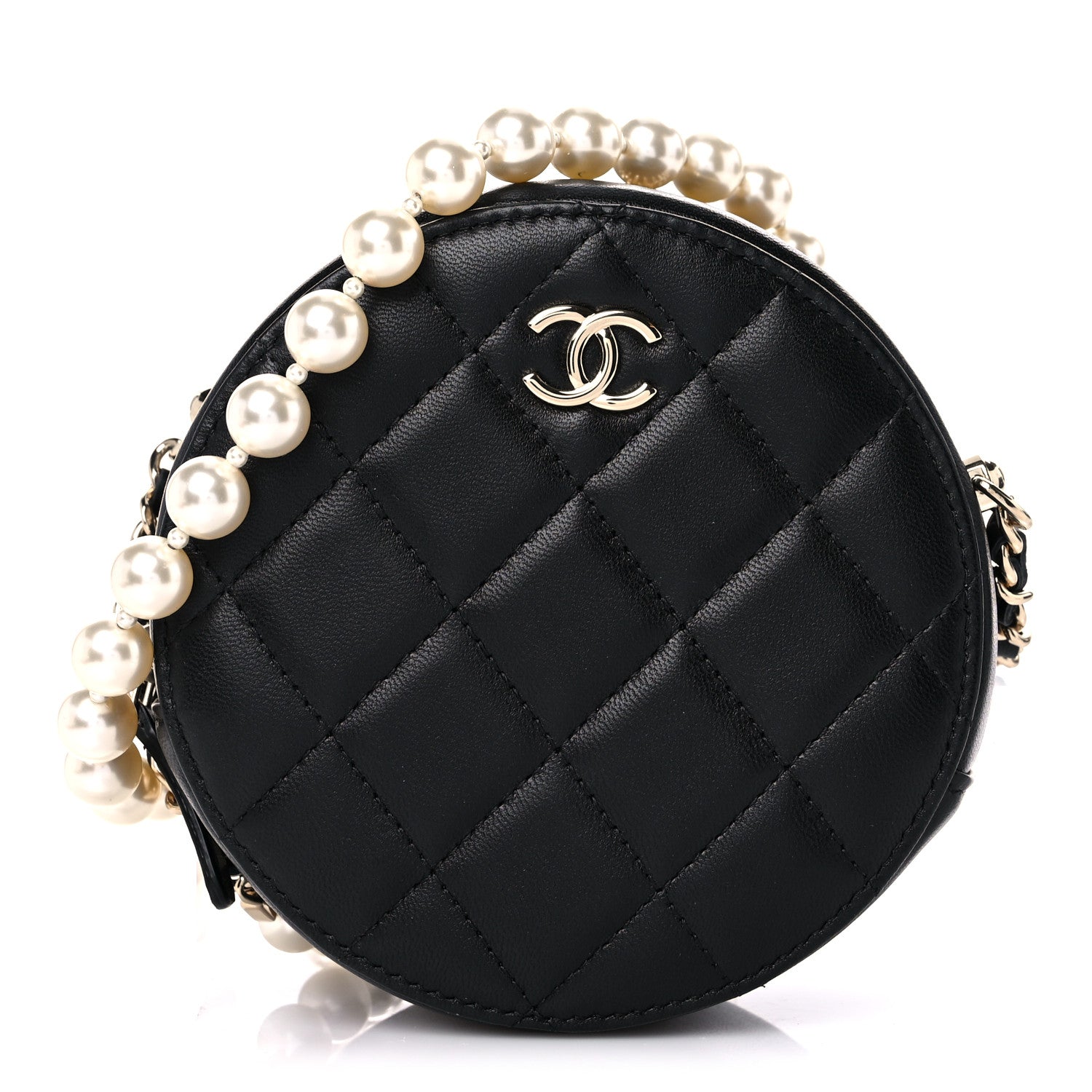 Chanel Lambskin Quilted Pearl Chain Round Clutch With Chain Black 1 of 9