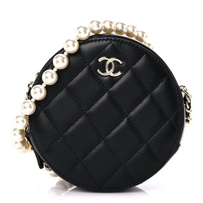 Chanel Lambskin Quilted Pearl Chain Round Clutch With Chain Black 1 of 9