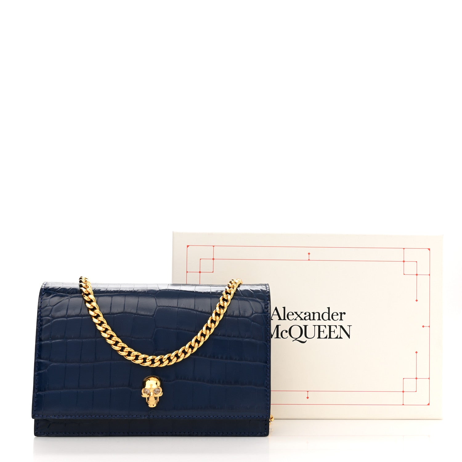 Alexander McQueen Calfskin Crocodile Embossed Skull Mini Crossbody Bag Deep Lapis Blue 11 of 11