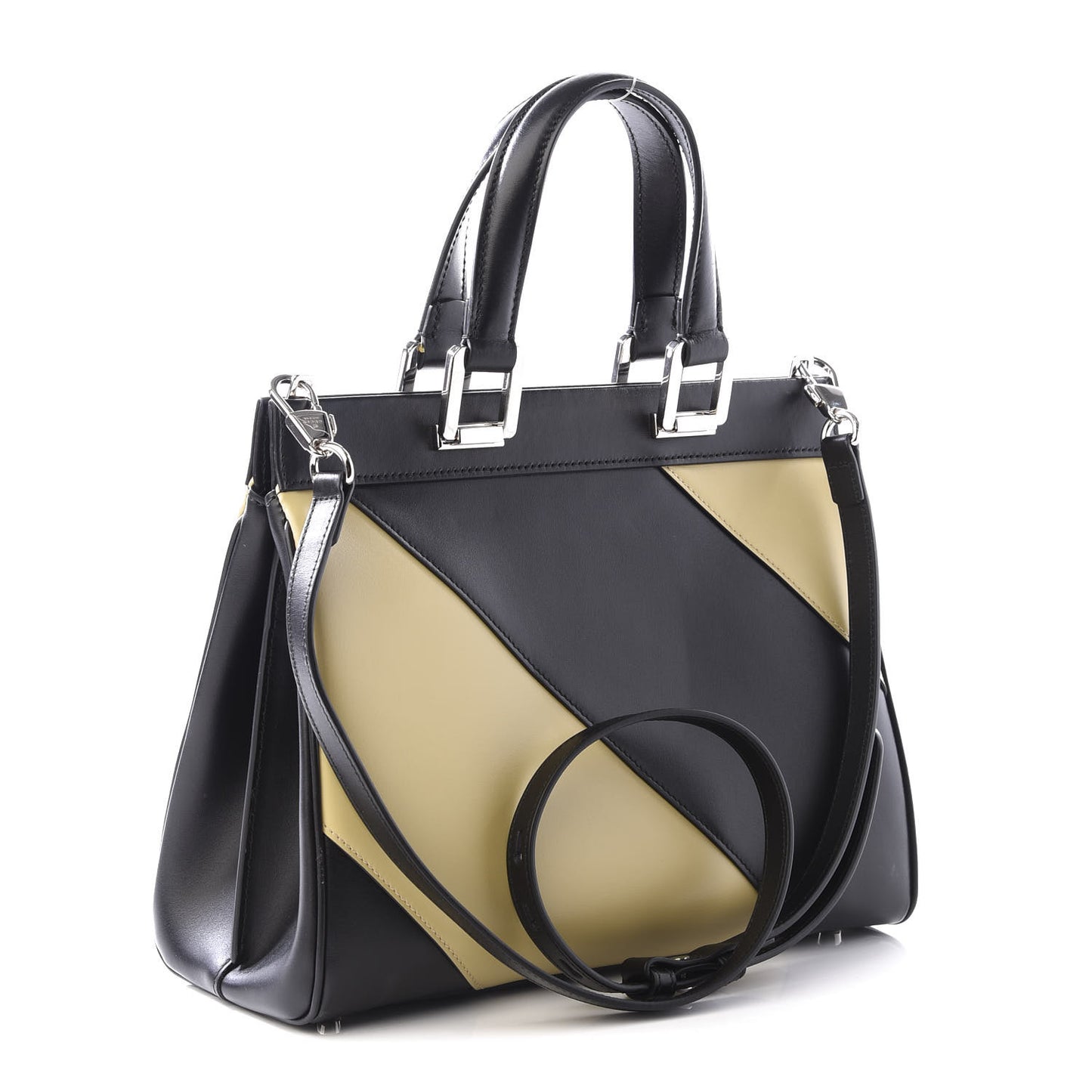 Smooth Calfskin Diagonal Striped Small Zumi Top Handle Bag Black Beige