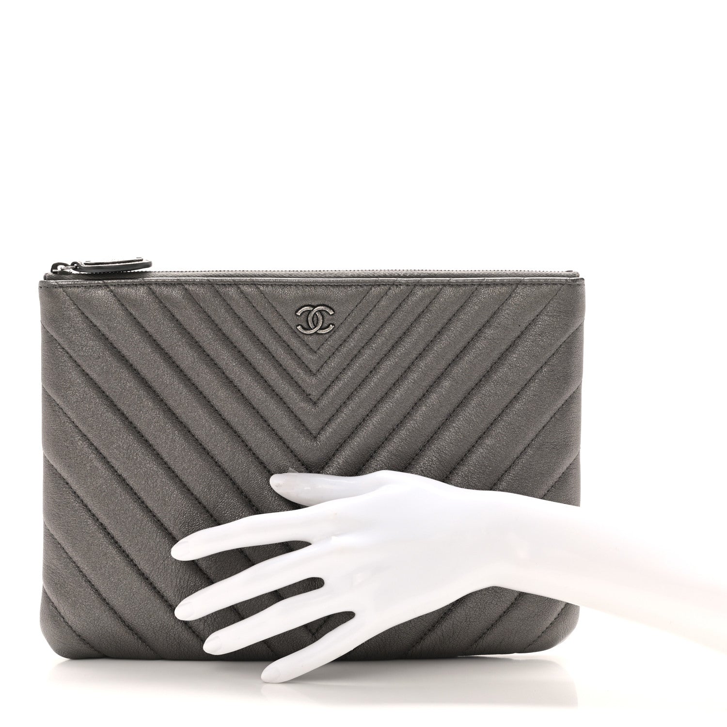 Chanel Sheepskin Chevron Quilted Medium Cosmetic Case Dark Silver 2 of 8