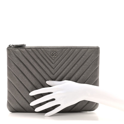 Chanel Sheepskin Chevron Quilted Medium Cosmetic Case Dark Silver 2 of 8