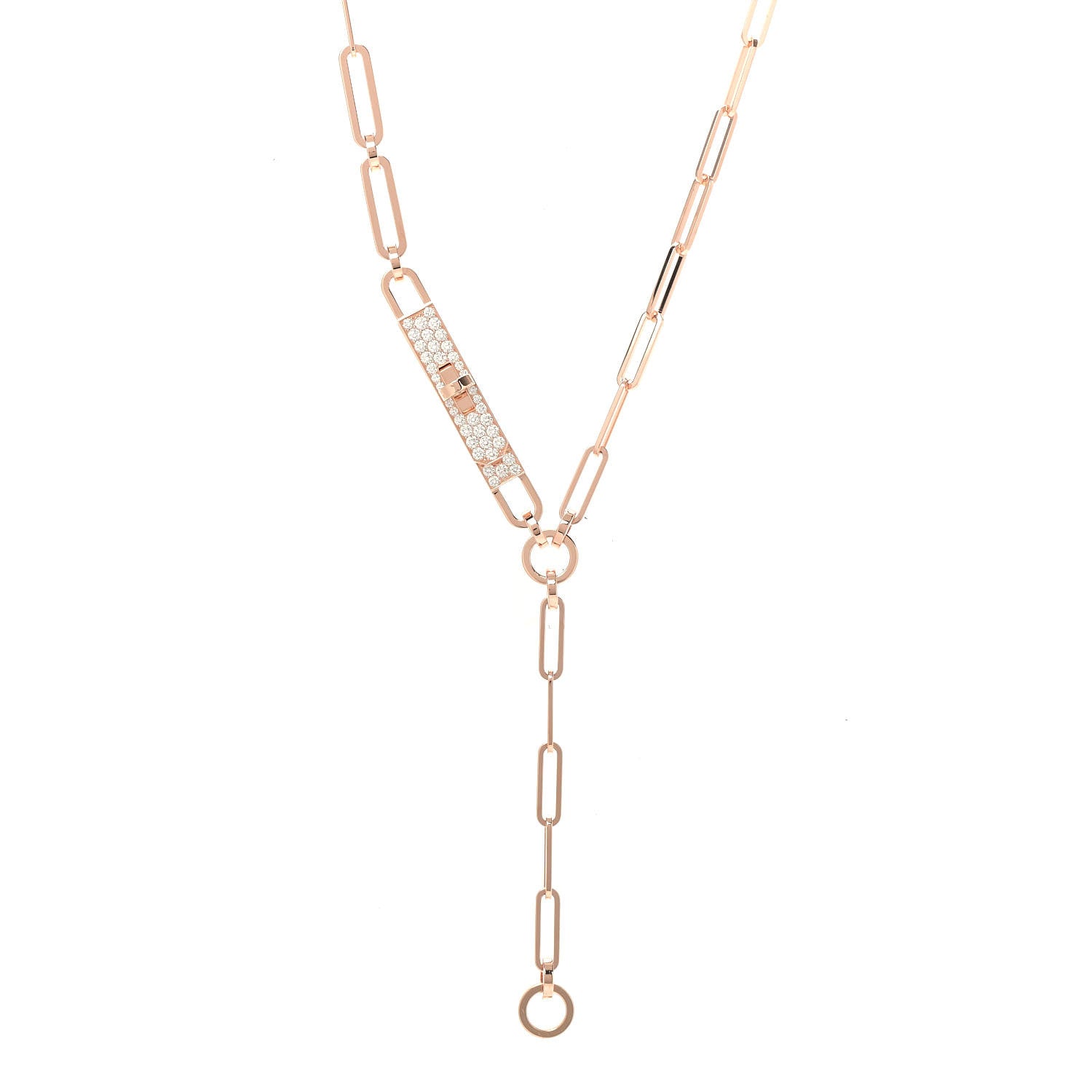 Hermes 18K Rose Gold Diamond Pave PM Kelly Chaine Lariat Necklace ST 1 of 6