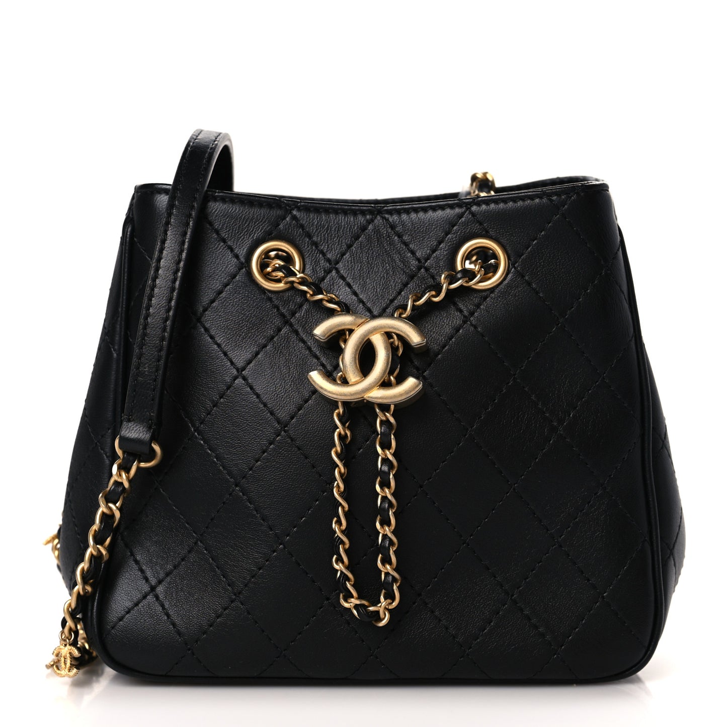 Calfskin Stitched Small Egyptian Amulet Drawstring Bag Black
