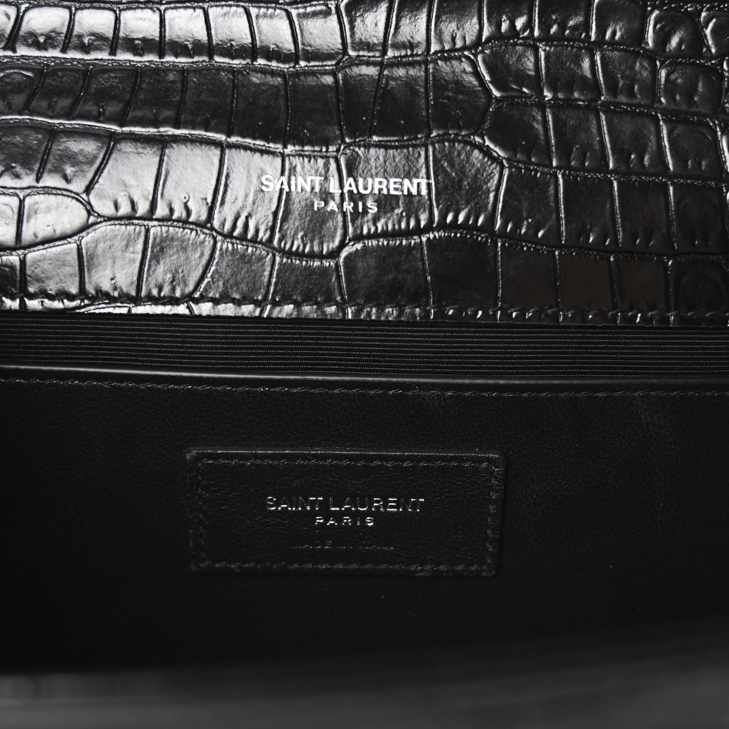 Calfskin Crocodile Embossed Medium Classic Monogram Kate Tassel Satchel Black