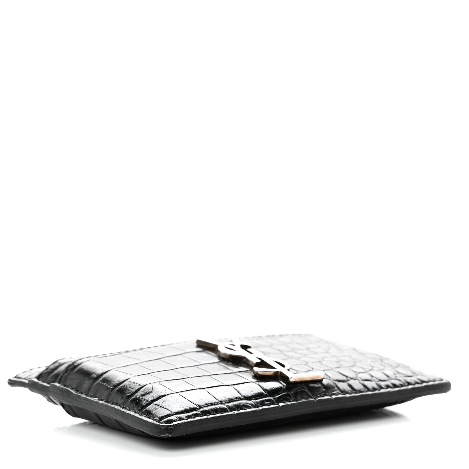 Saint Laurent Calfskin Crocodile Embossed Monogram Credit Card Case Black 4 of 8