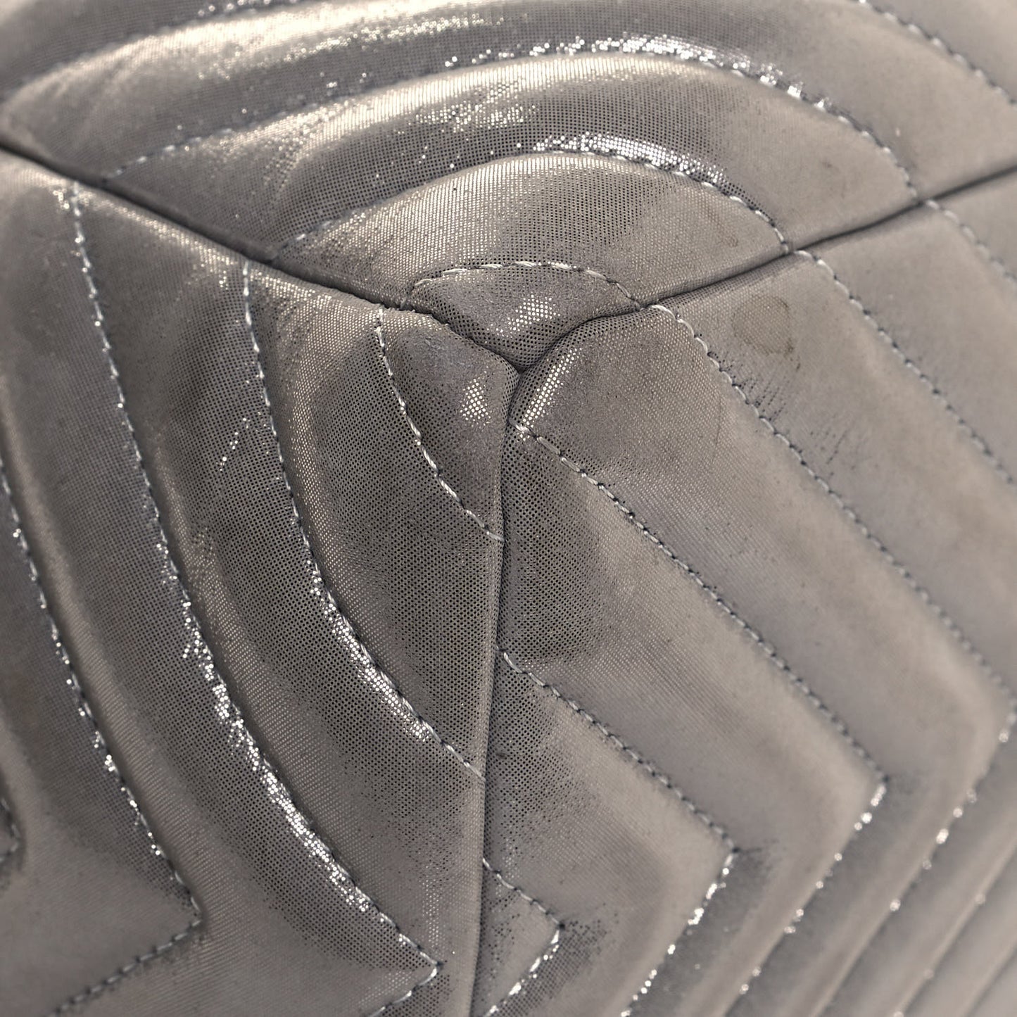 Iridescent Calfskin Chevron Small Urban Spirit Drawstring Bag Silver