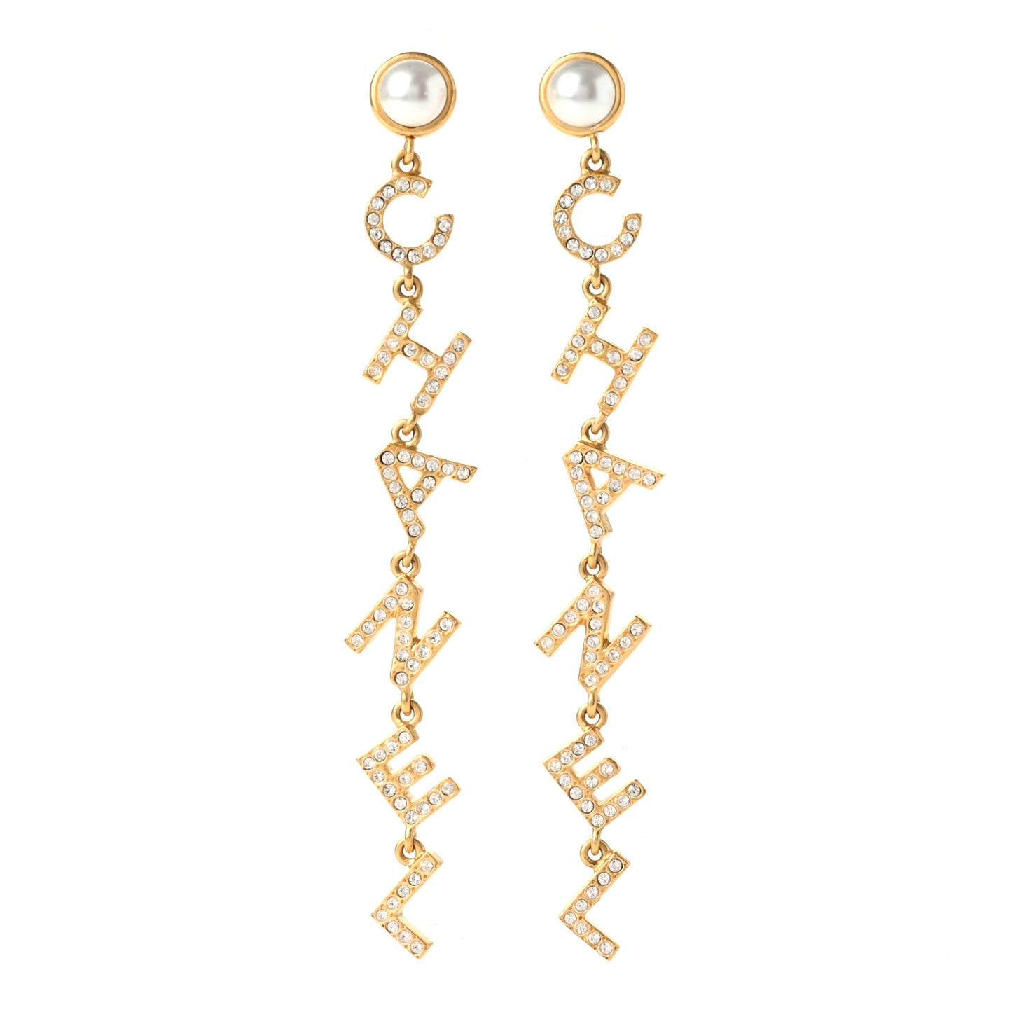 Crystal Pearl Logo Drop Earrings Gold