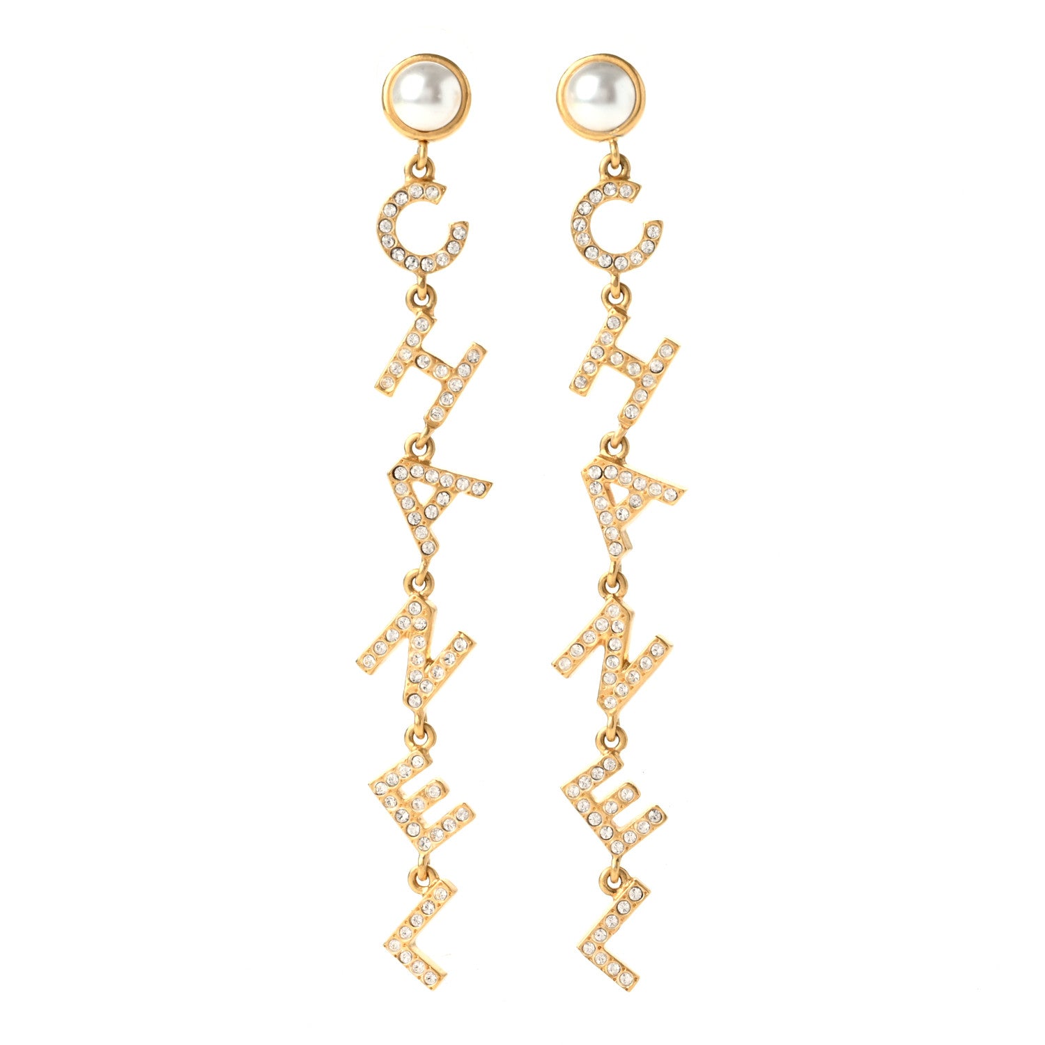 Chanel Crystal Pearl Logo Drop Earrings Gold 1 of 4