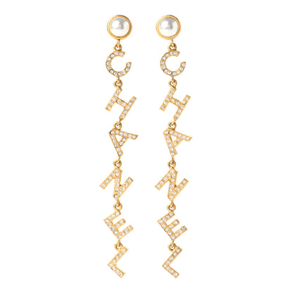 Chanel Crystal Pearl Logo Drop Earrings Gold 1 of 4
