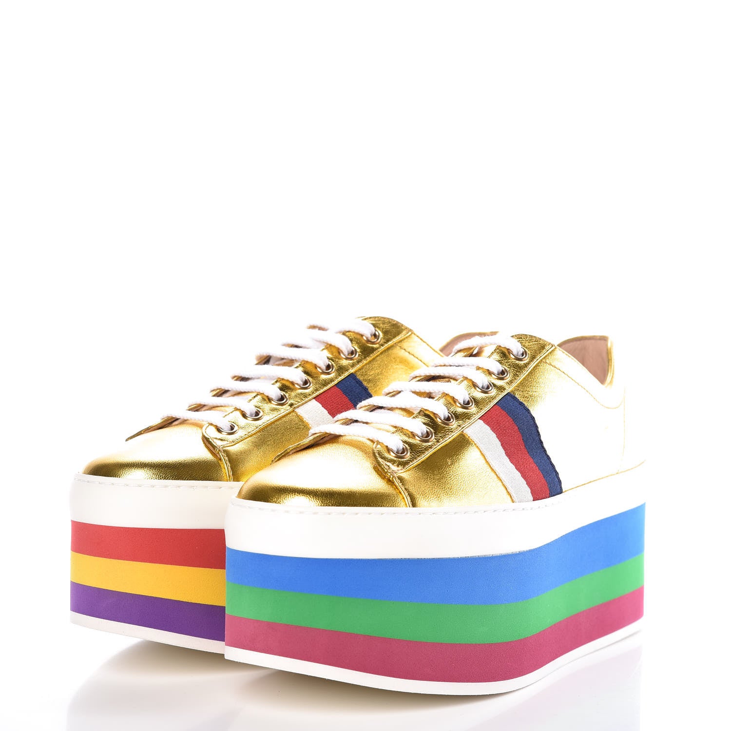 Gucci Metallic Nappa Sylvie Web Peggy Platform Sneakers 38.5 Oro Vecchio 3 of 11