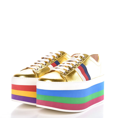 Gucci Metallic Nappa Sylvie Web Peggy Platform Sneakers 38.5 Oro Vecchio 3 of 11