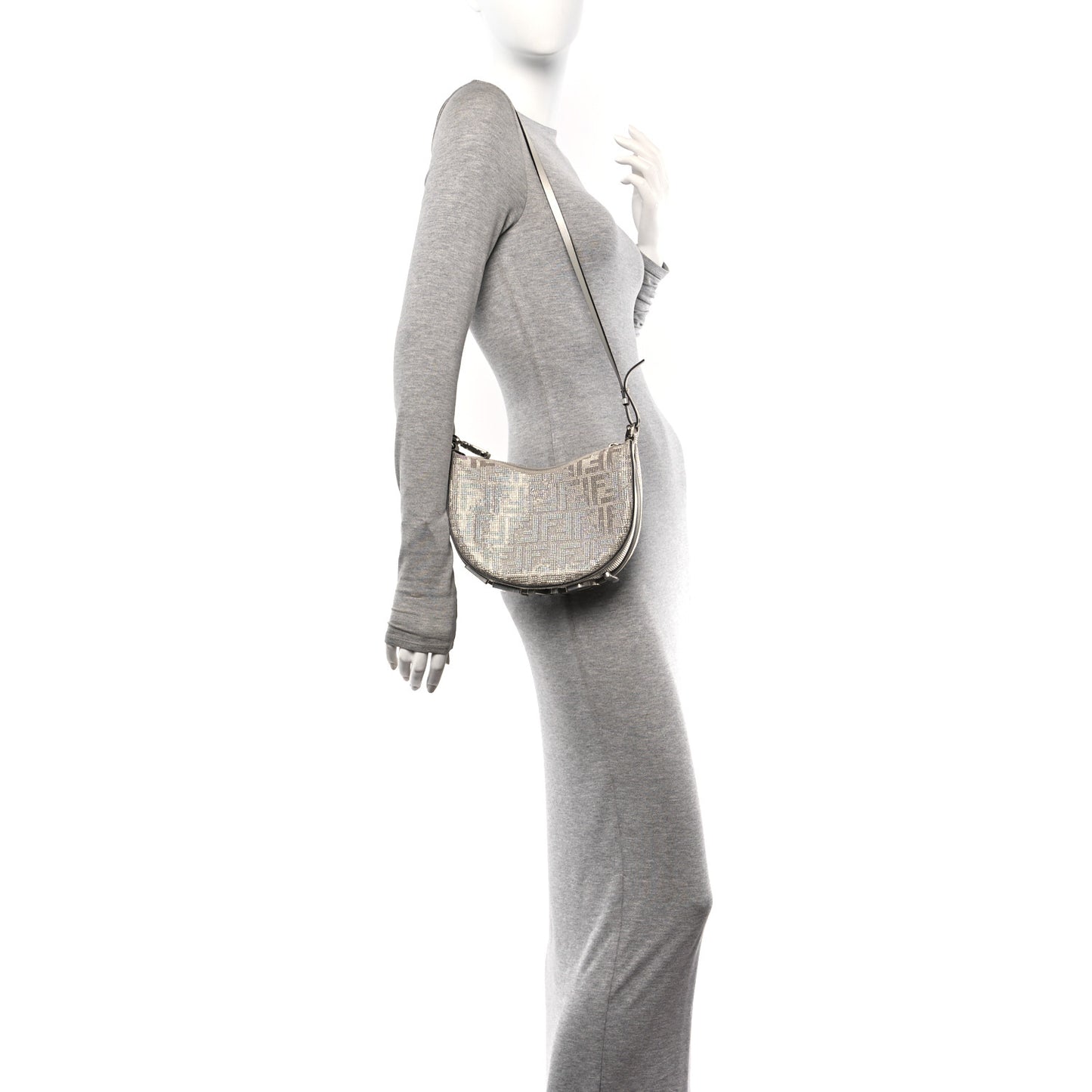 Iridescent Crystal Vitello Laminato Suede FF Mini Fendigraphy Hobo Bag Capuccino