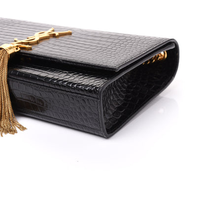 Saint Laurent Calfskin Crocodile Embossed Medium Classic Monogram Kate Tassel Satchel Black 6 of 8