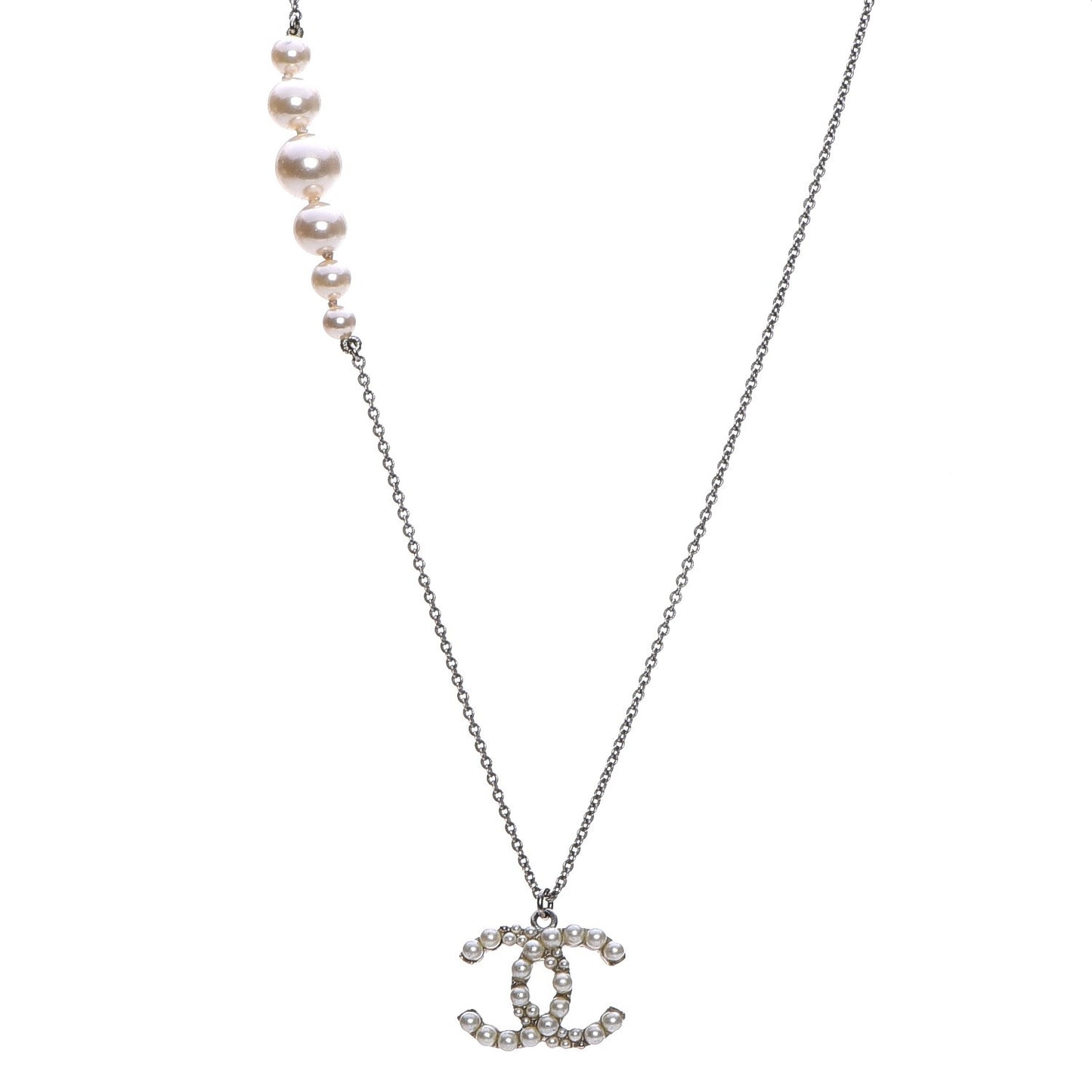 Pearl CC Chain Necklace Silver