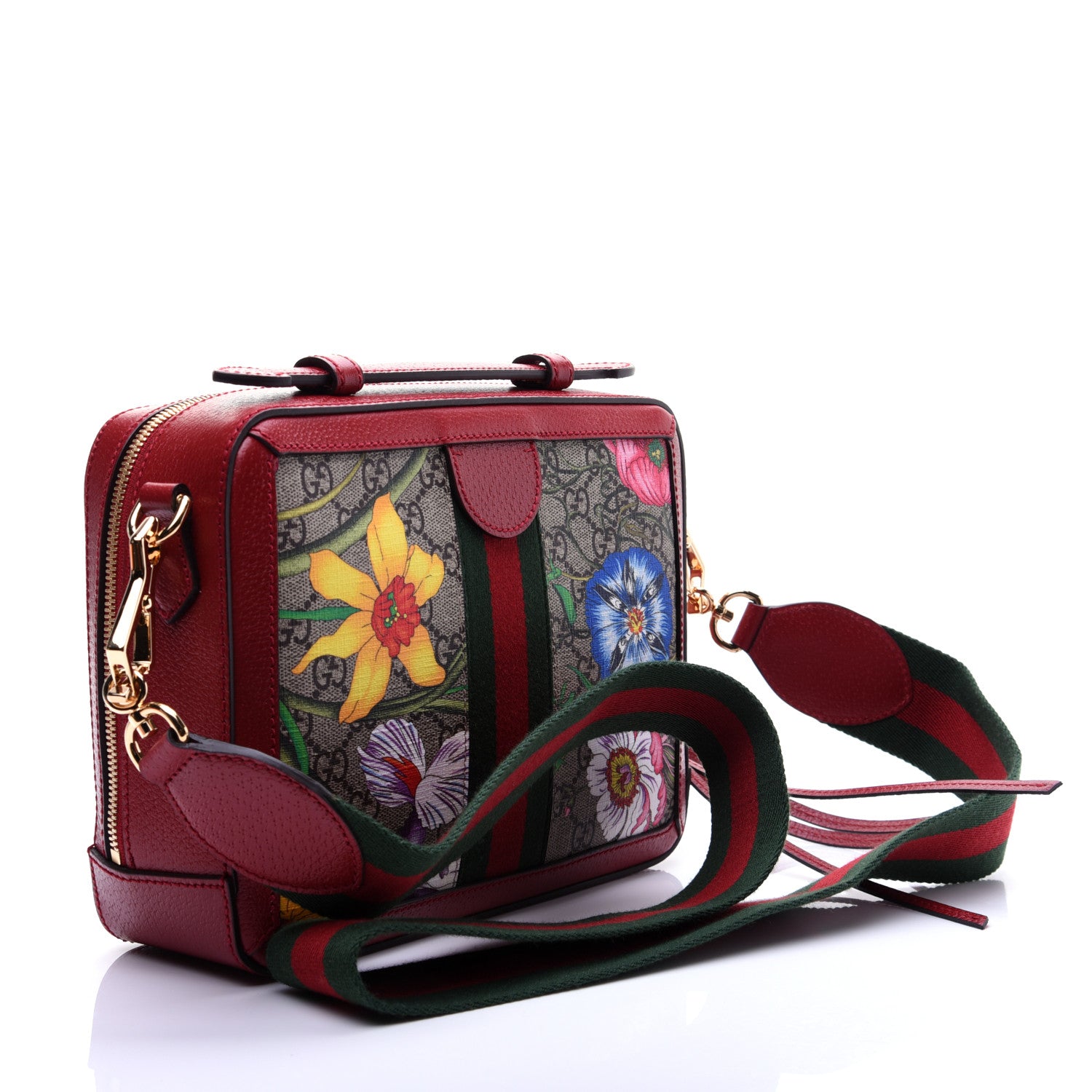 Gucci GG Supreme Monogram Flora Web Small Ophidia Top Handle Shoulder Bag Hibiscus Red 3 of 15