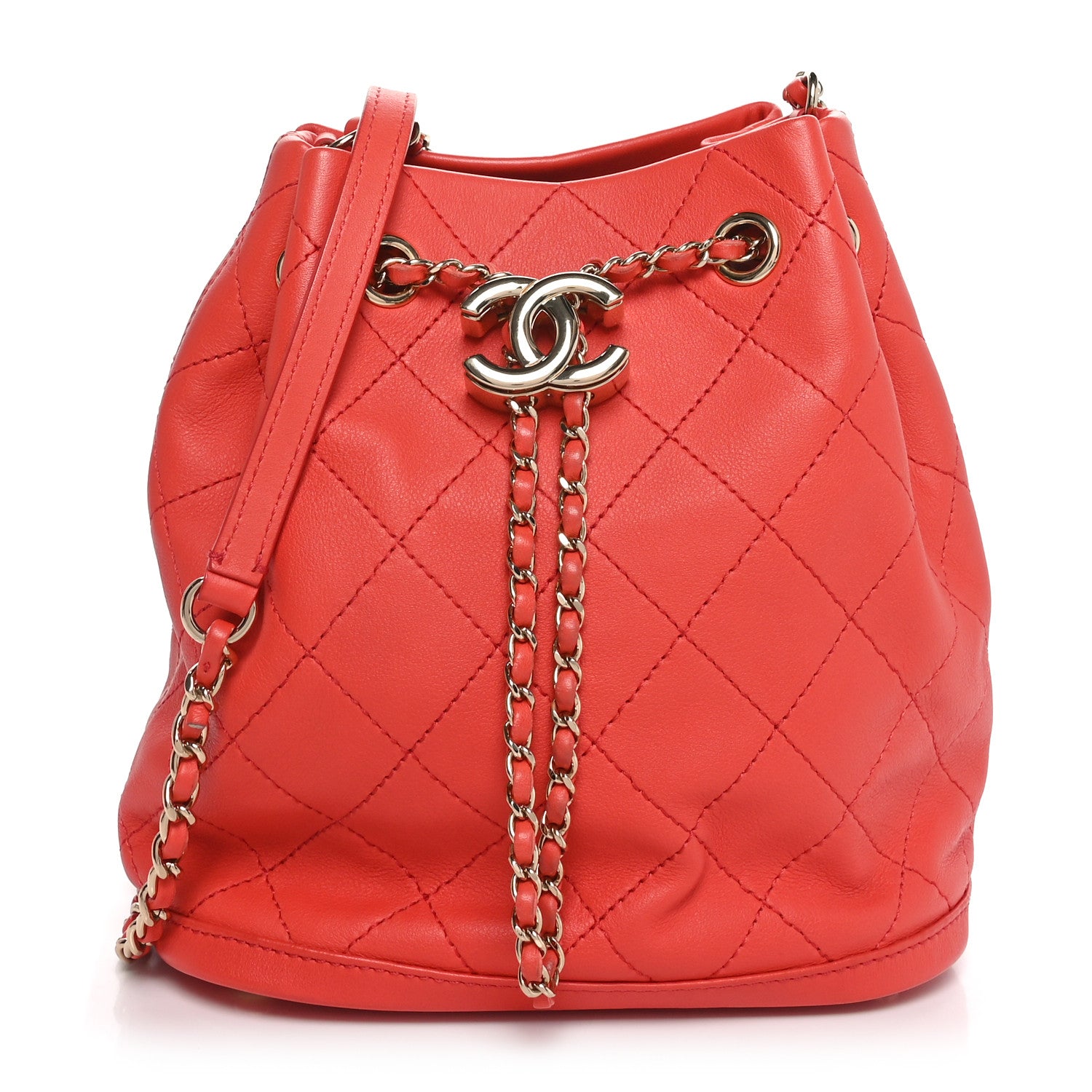 Chanel Calfskin Stitched Chain Bucket Bag Coral 1 of 10