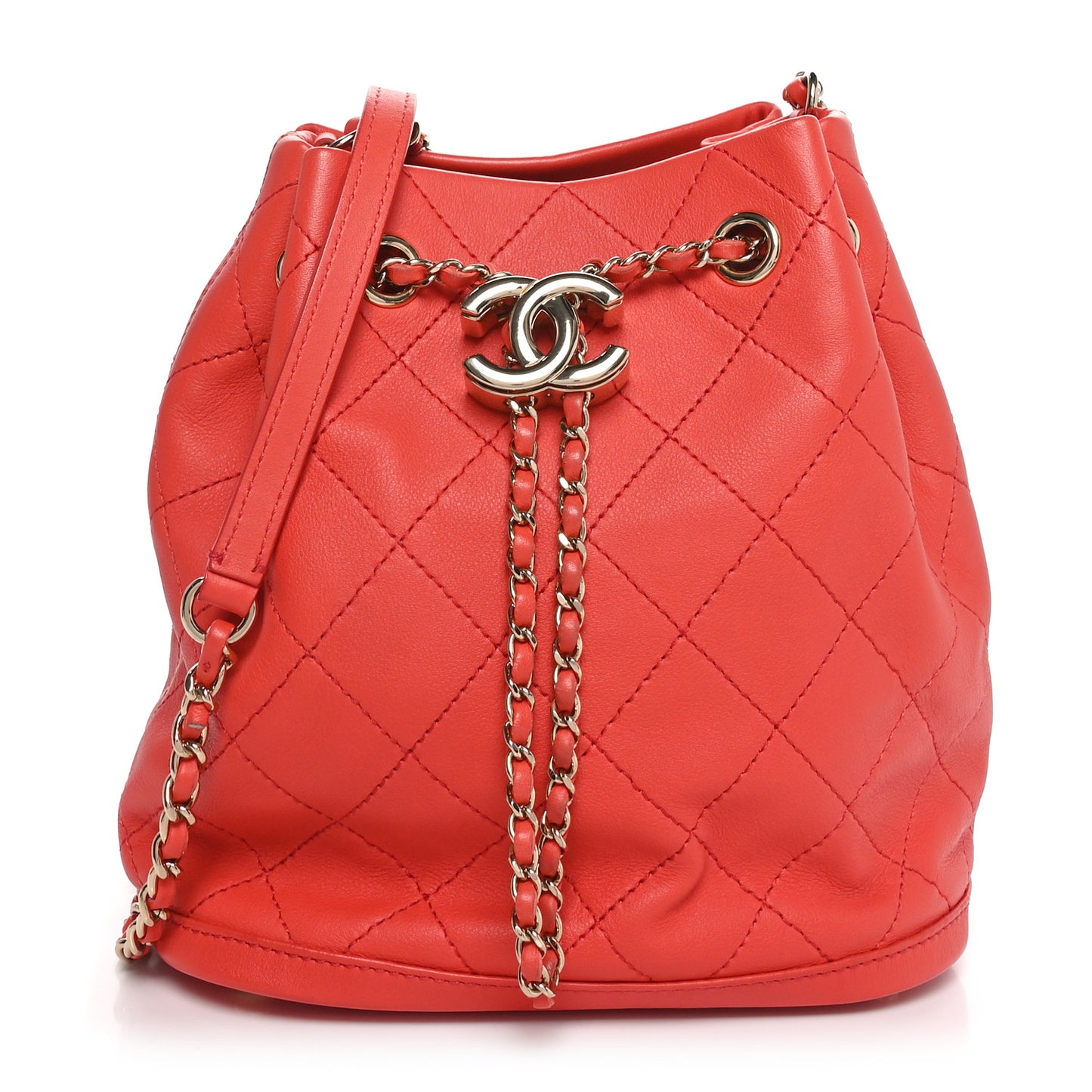 Calfskin Stitched Chain Bucket Bag Coral