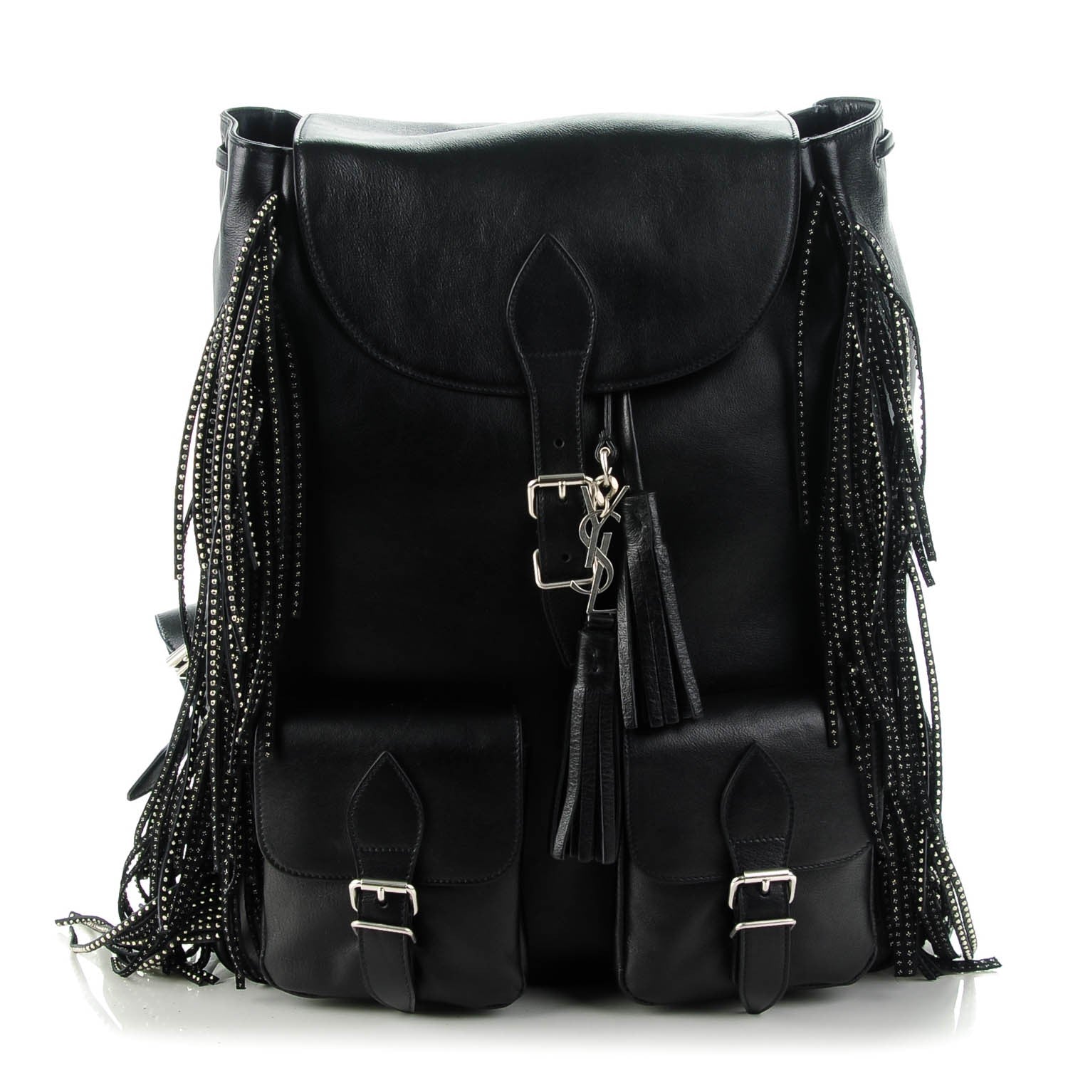 Saint Laurent Calfskin Studded Fringed Festival Backpack Black 1 of 7
