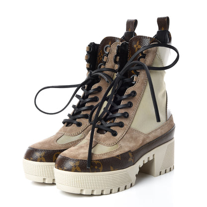 Louis Vuitton Suede Calfskin Monogram Laureate Platform Desert Boots 35 Beige 3 of 8