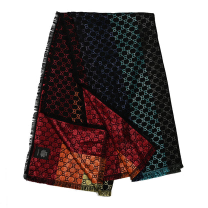 Gucci Viscose Cotton Silk Jacquard GG Monogram Shiny Summer Square Shawl Black Multicolor 2 of 4