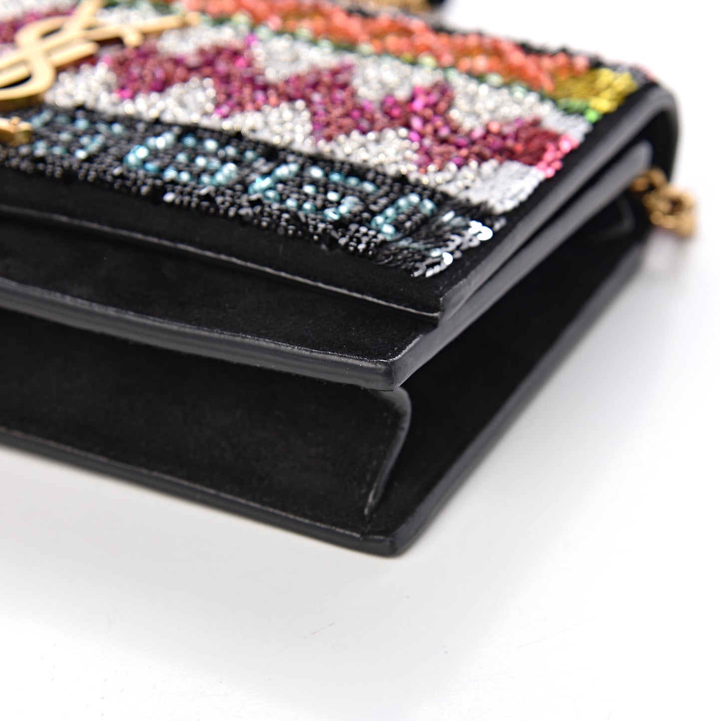 Suede Sequin Bead Embellished Classic Monogram Kate Tassel Chain Wallet Black Multicolor